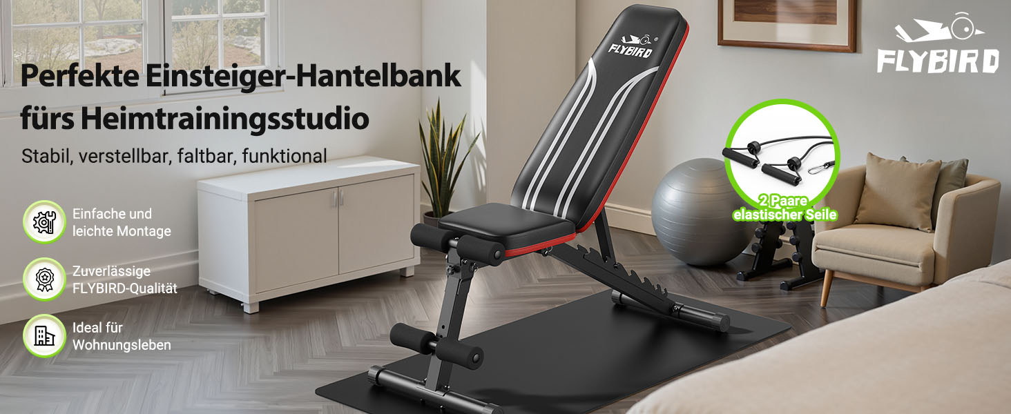 Der Text lautet „Perfekte Bürokörper Hausstaubk“. Schwarzer, verstellbarer, ergonomischer Kniestuhl, abgebildet im Home-Office-Bereich mit gelbem Akzentkissen.