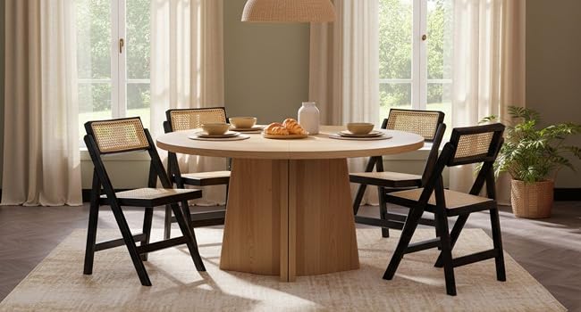 Moderno interno della sala da pranzo con tavolo in legno e sedie angolari nere, con ampie finestre e illuminazione naturale.