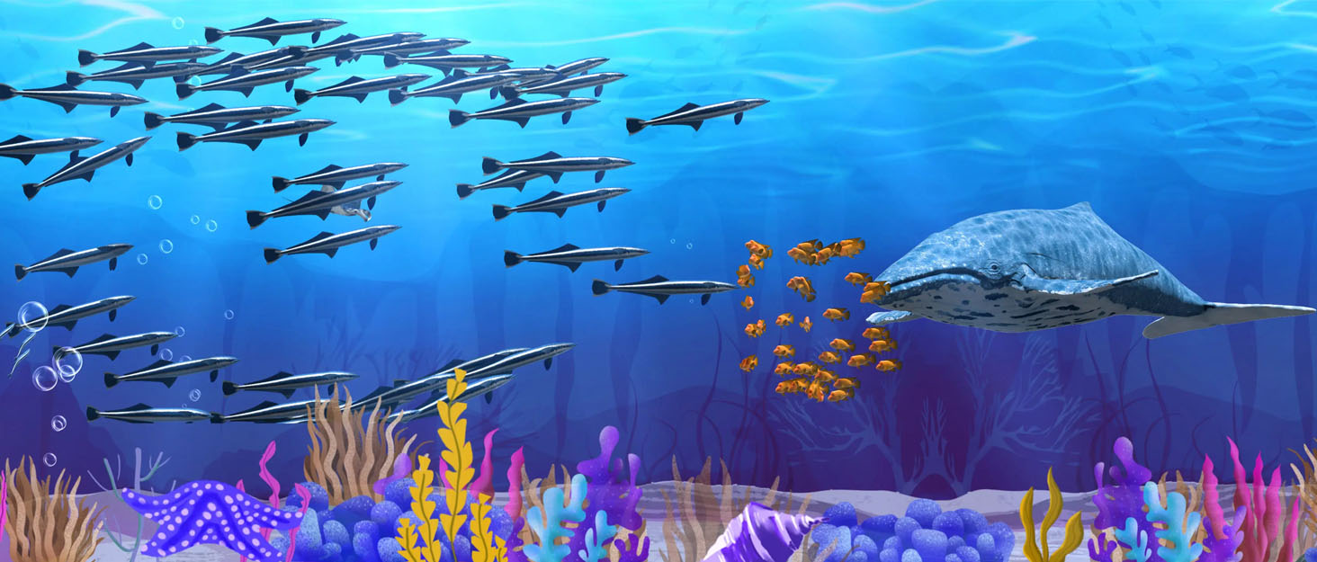 Underwater scene with diverse marine life. Large sea turtle, schools of fish, and colorful coral reefs in bright blue water.
