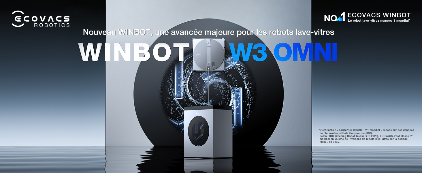 Le texte indique « WINBOT W3 OMNI » et « ECOVACS ». Bannière publicitaire de produit montrant un appareil robotique sur fond sombre avec des effets d'éclairage.