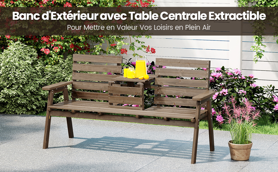 Le texte se lit comme suit : « Banc d'Exterieur avec Table Centrale Extractible », « Pour Mettre en Valeur Vos Loisirs en Plein Air ». Vues multiples d'un banc d'extérieur en bois avec table centrale extensible dans un jardin.