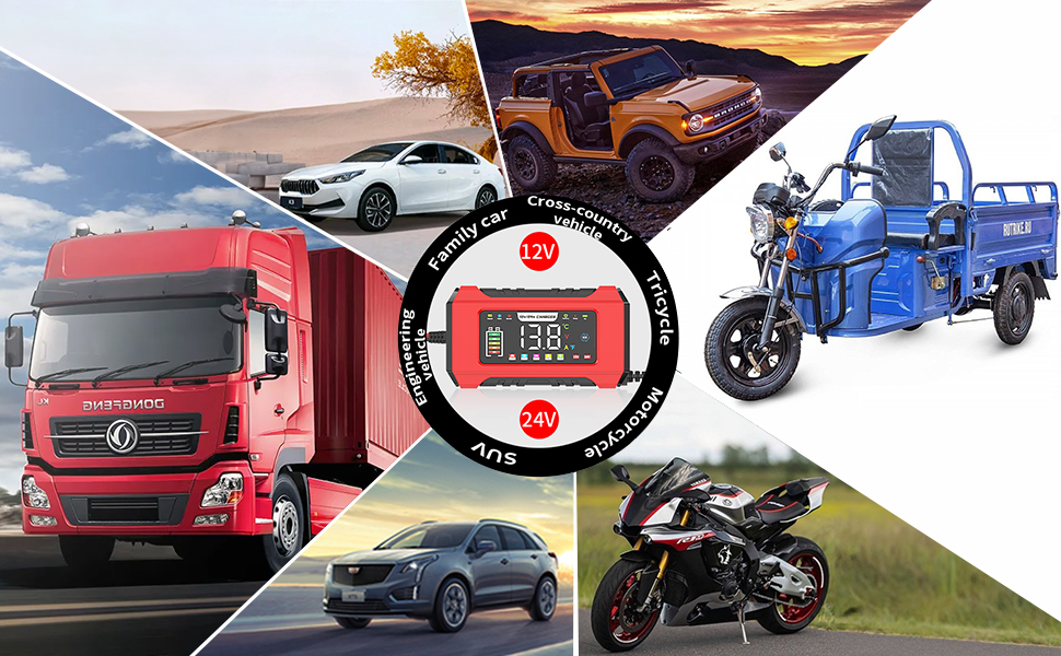 Collage de véhicules, y compris des camions, des voitures, des motos et des véhicules tout-terrain.