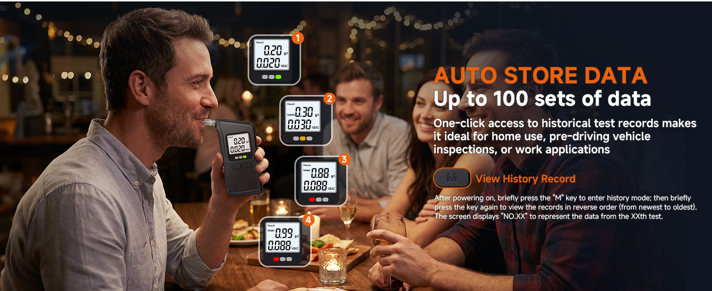 Text reads 'AUTO STORE DATA'. Multiple QR codes displayed with person viewing information on mobile device in restaurant/bar setting.