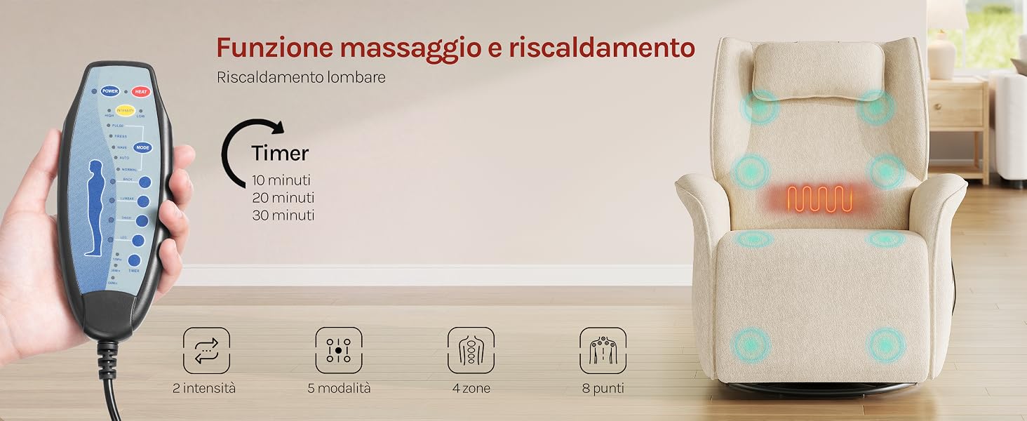 Il testo recita «Funzione massaggio e riscaldamento», «Per tutti i giorni», «Massaggi» e icone dei prodotti. Dispositivo per massaggio collo/spalle blu e beige con custodia in tessuto.