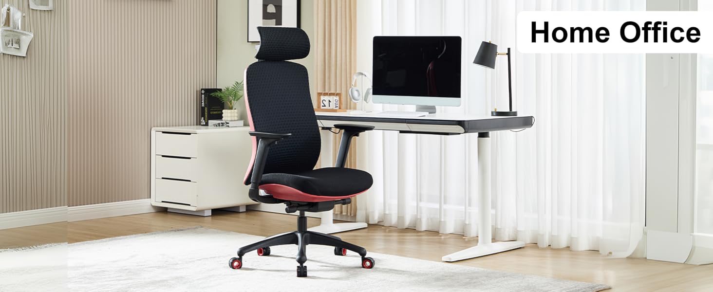 Text reads 'Home Office'. Modern home office setup with white desk, black office chair, computer monitor, and bright interior with white walls.