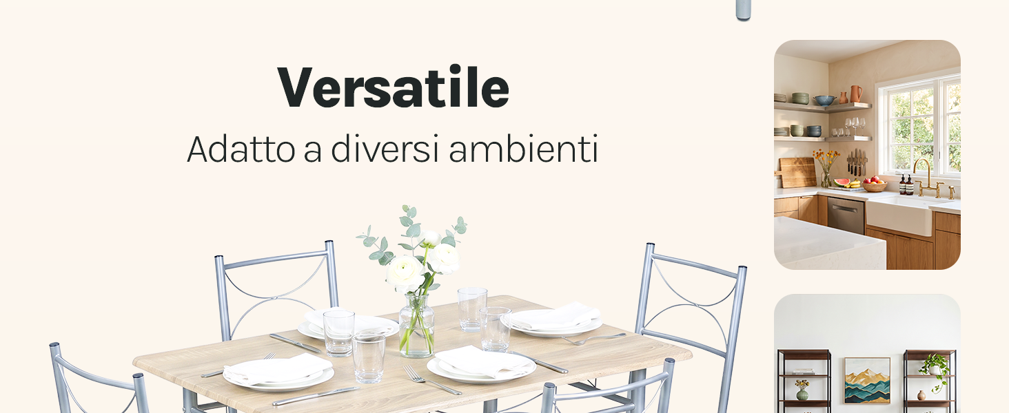 Il testo recita «Versatile» e «Adatto a diversi ambienti». Mobili e scaffali in legno esposti in diverse ambientazioni, a dimostrazione di una funzionalità multiuso.