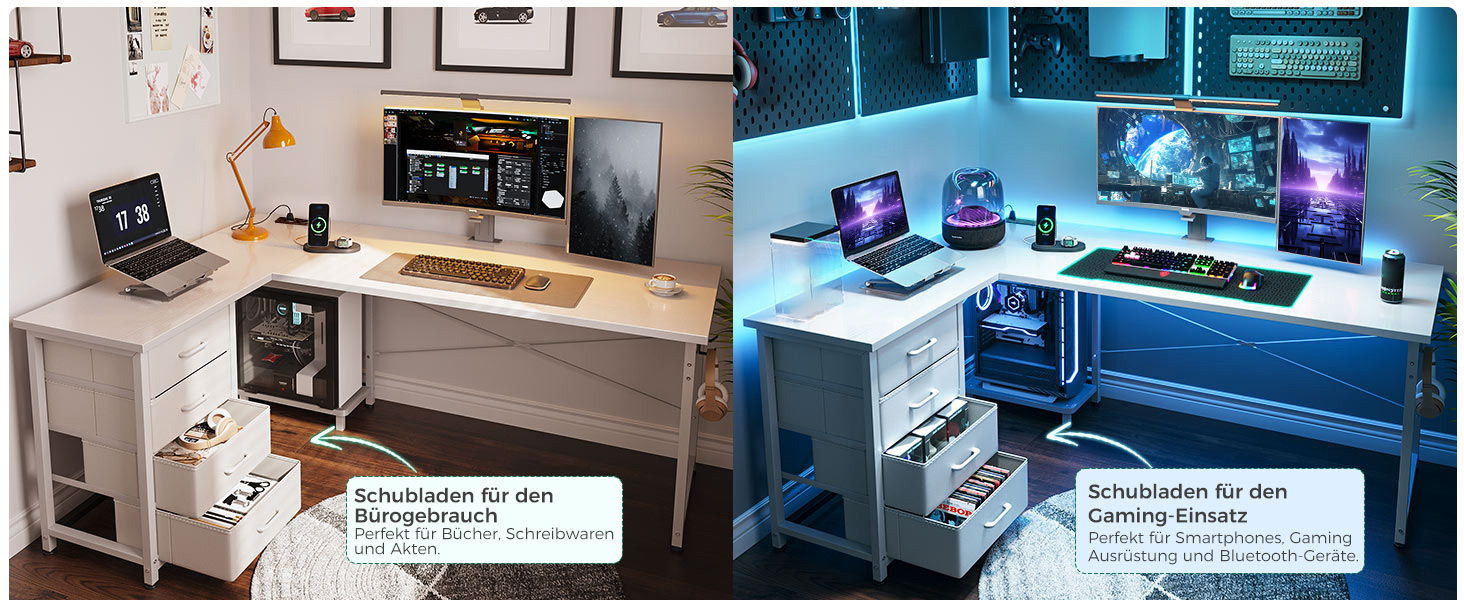 Mehrere Ansichten einer modernen Raumeinrichtung mit Computermonitoren und technischem Equipment in blauer Beleuchtung.