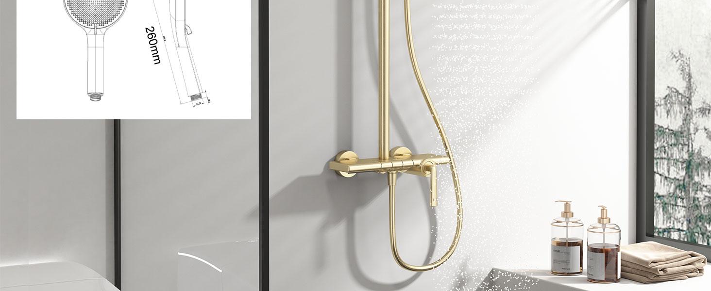 Schéma technique et photo du produit d'un luminaire de salle de bain moderne avec finition doré/laiton, monté au-dessus d'un miroir. Montre un design épuré et minimaliste avec un col incurvé.