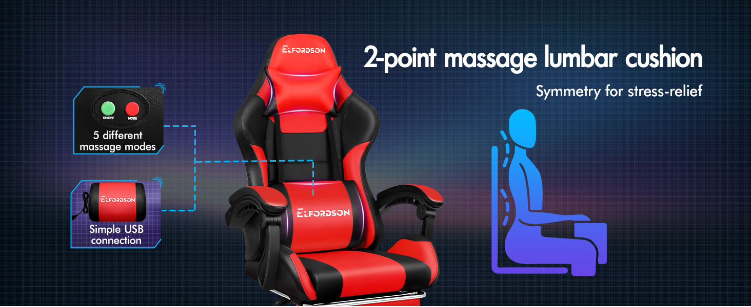 Text reads '2-point massage lumbar cushion'.