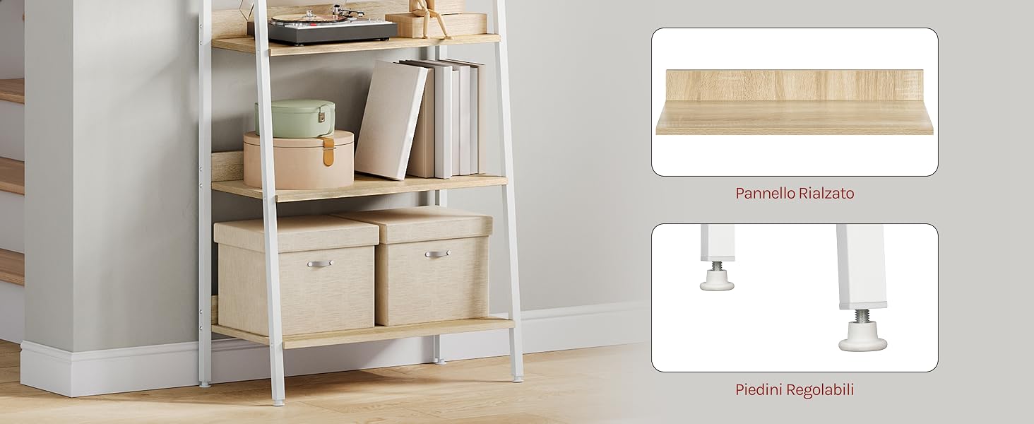 Scaffale portaoggetti in legno con scatole portaoggetti in tessuto beige e schema che mostra le dimensioni del prodotto e le istruzioni di montaggio.