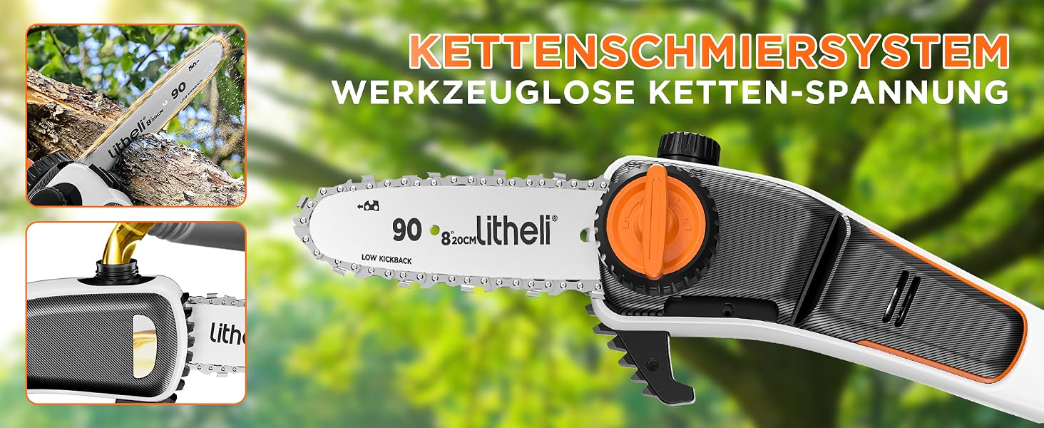 Elektrische Astsäge mit 4-Zoll-Klinge, werkzeuglosem Kettenspannsystem und automatischer Kettenschmierung. Verfügt über ein kompaktes Design mit orangefarbener und