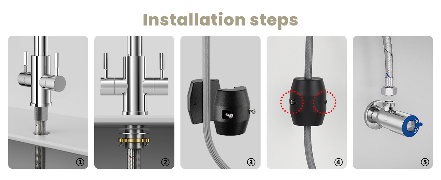 Text reads 'Installation steps'. Series of technical diagrams showing step-by-step assembly instructions for a plumbing fixture or faucet component, displayed in multiple detailed panels.