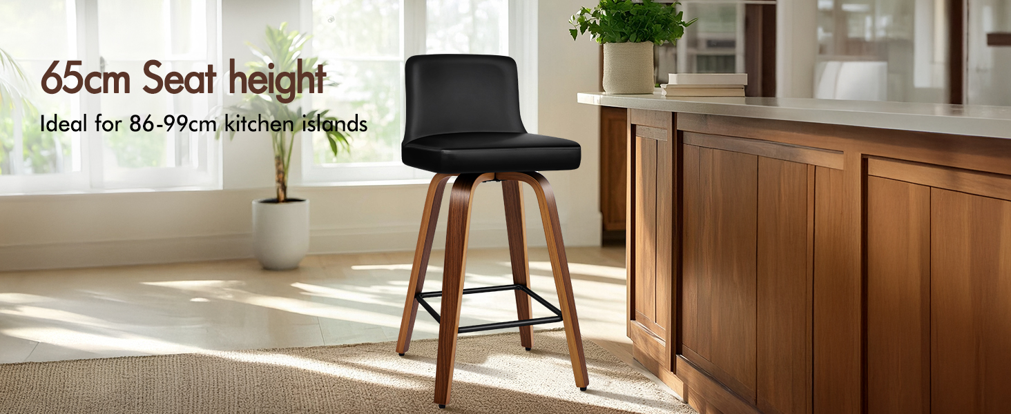 Text reads '65cm Seat height' and 'Ideal for 86-99cm kitchen worktops'. Modern kitchen interior showing wooden stool against counter.