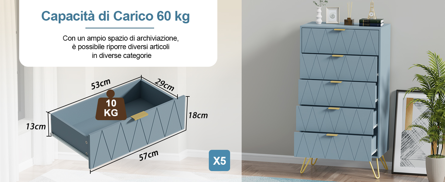 Il testo recita «Capacidad de Carico 60 kg» con specifiche in spagnolo. Cuccia per animali domestici in tessuto blu con lati rialzati, dimensioni contrassegnate 13 cm x 18 cm, con indicazione della capacità di carico e delle informazioni sui materiali.