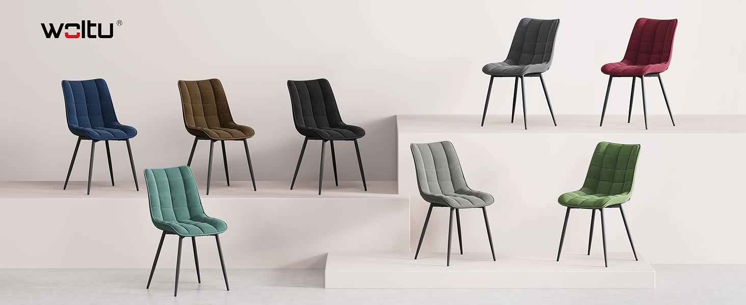 Il testo recita «WOITU». Espositore di sedie da pranzo moderne in vari colori tra cui blu, marrone, grigio, verde e bordeaux, con design eleganti con gambe in metallo.