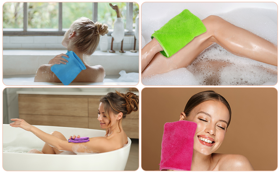 Immagine di quatre pannelli montanti dei gants de bain colorés utilisés: gant bleu sur le dos, gant vert sur la jambe, gant rose sur le visage et personne se relaxant