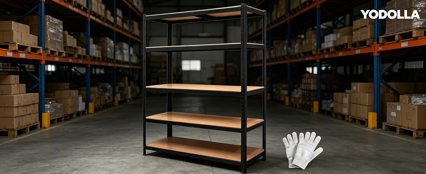 Text reads "YODOLLA". Industrial warehouse setting with black metal shelving unit featuring four wooden shelves, accompanied by white work gloves. Orange and blue racking visible in background.