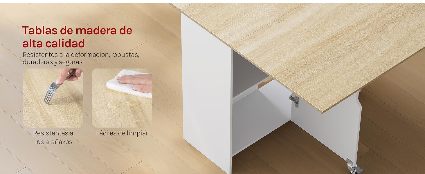 El texto dice «Tablón de madera de alta calidad» con texto en español debajo. Las imágenes del producto muestran una mesa o plataforma de color madera clara con soportes estructurales blancos y juntas en las esquinas sobre un fondo verde.