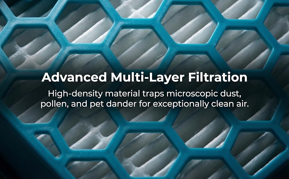 Le texte indique « Filtration multicouche avancée ». Vues rapprochées d'un matériau filtrant hexagonal turquoise ou d'une structure maillée.