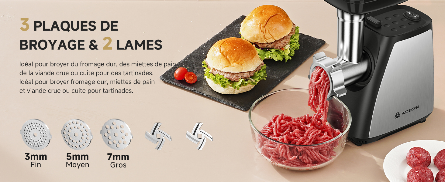 Le texte indique « 5 PLAQUES DE » et « BROYAGE &amp; 6 LAMES ». Image du produit montrant un équipement de préparation des aliments avec des hamburgers, de la viande et un appareil à trancher.