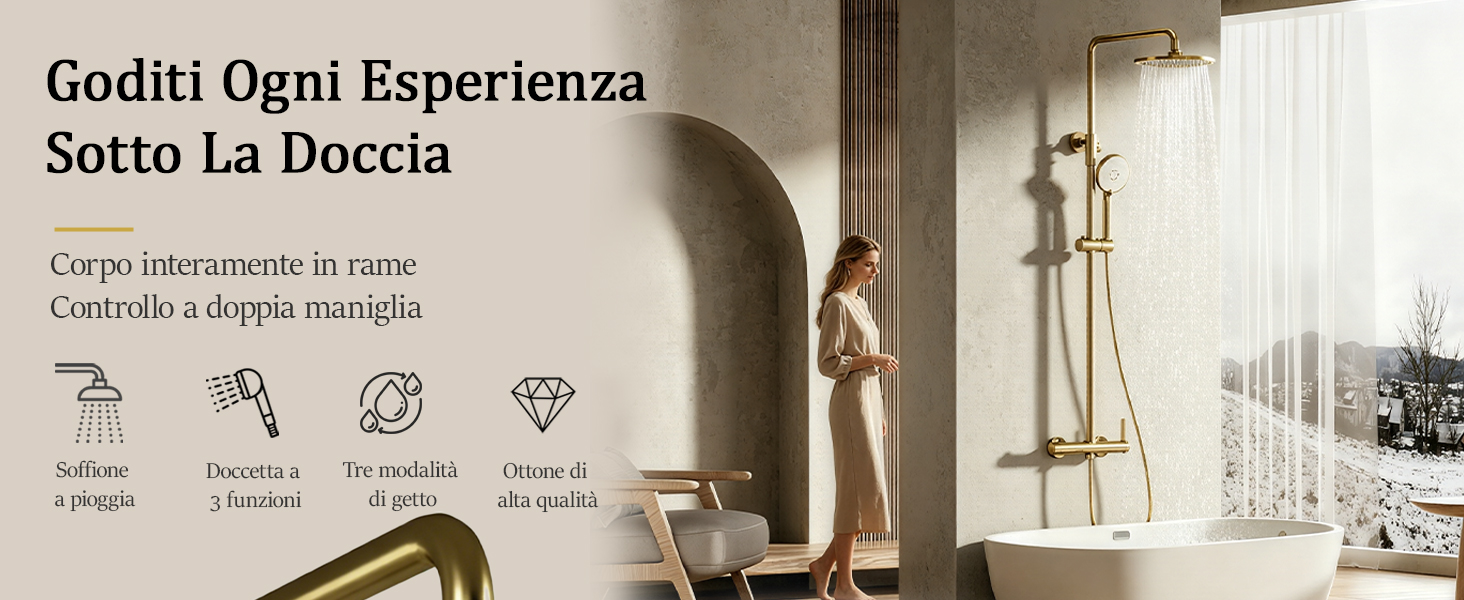 Il testo recita «Goditi Ogni Esperienza Sotto La Doccia» con testo descrittivo in italiano sull'esperienza della doccia. L'immagine mostra un lussuoso bagno con soffione a pioggia, infissi cromati e finestra con illuminazione naturale.