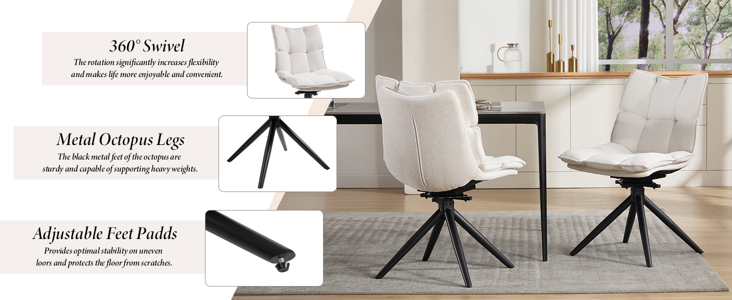 Text reads 'Adjustable Foot Pads'. Modern white dining chairs with metal legs shown from multiple angles, highlighting adjustable feet features.