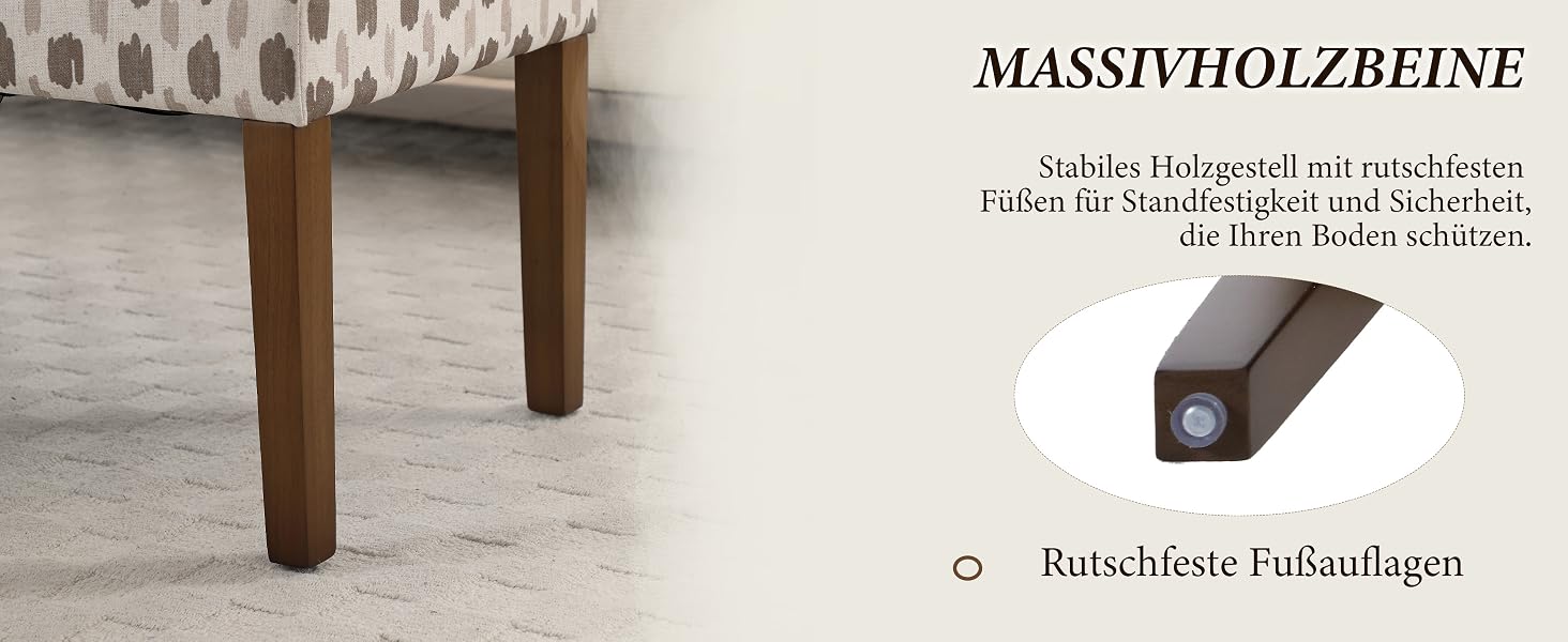 Der Text lautet „MASSIVHOLZBEINE“ und „Rutschfeste Fußauflagen“. Möbelbeine aus Holz und rutschfeste Bodenschoner sind in Nahaufnahmen vor weißem Hintergrund abgebildet.