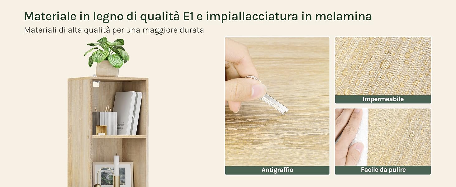 Libreria in legno con rivestimento in melamina. Diverse immagini mostrano la struttura delle venature del legno, la facilità di pulizia e le proprietà antigraffio. Una pianta e dei libri sono esposti sullo scaffale