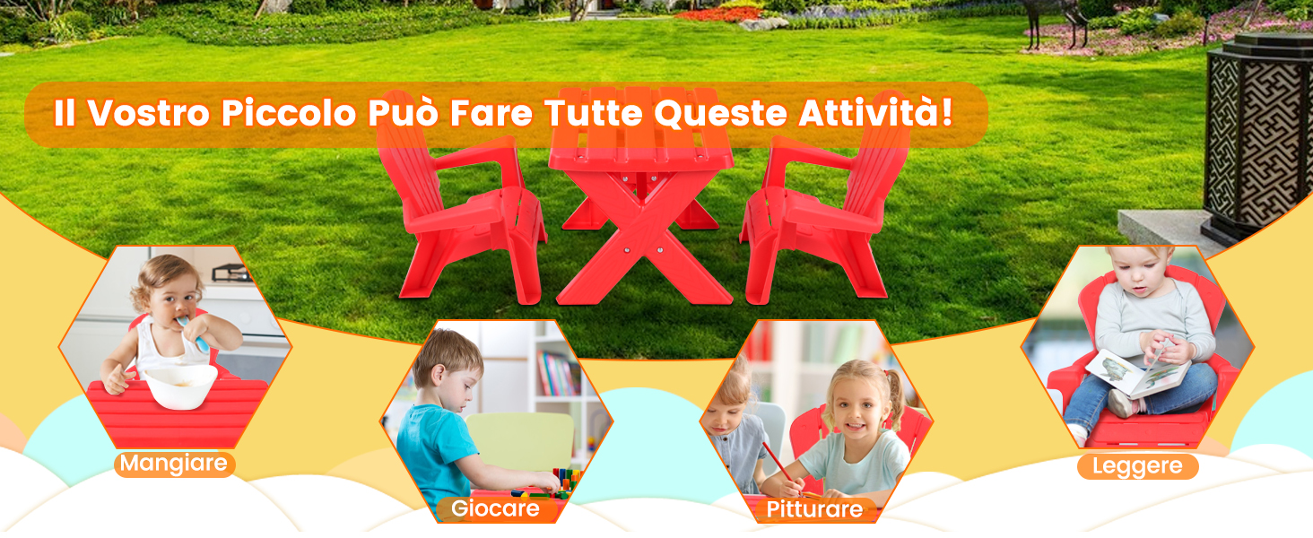 Set tavolino e sedie per bambini in plastica, Tavolino con 2 sedie  adirondack per pausa merenda e relax - Costway