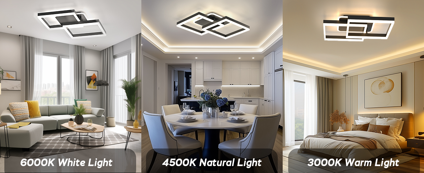 Modernes Wohnzimmer mit drei Lichttemperaturen: 6000 K weißes Licht, 4500 K natürliches Licht und 3000 K warmes Licht, was die Lichteffekte der Deckenleuchte zeigt