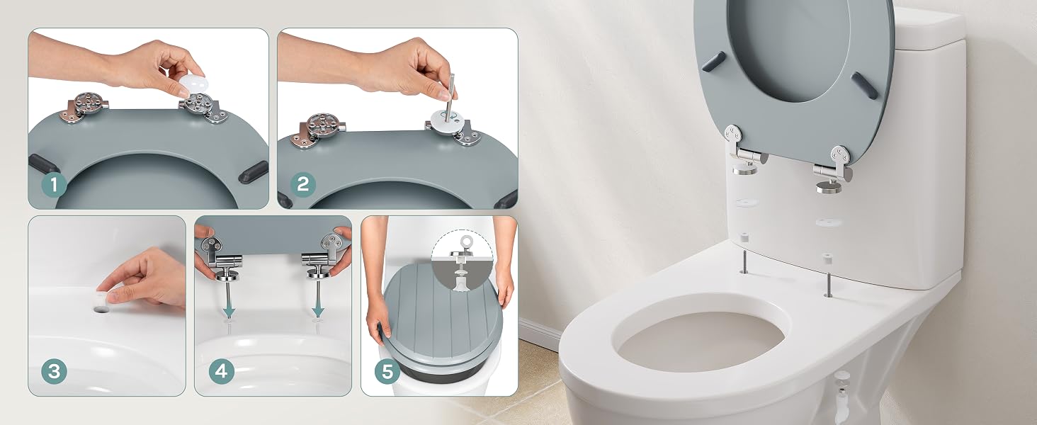 Instructional photos showing hands assembling gray basin device with numbered steps, including close-up of installation process and final placement over toilet.