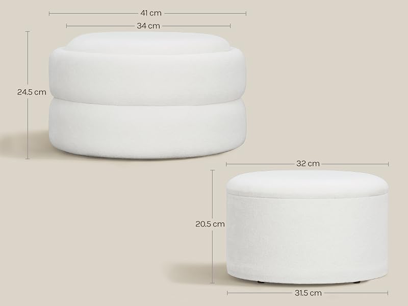 White cylindrical smart home device shown in two size views with dimension measurements labeled: 8 cm width, 9 cm, 7x3 cm, 30 cm, 20.5 cm heights. Compact speaker or display hub with rounded top and matte finish.
