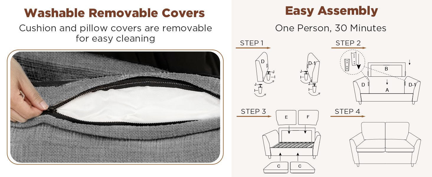 Text reads: 'Washable Removable Covers' 'Easy Assembly'. Product diagram showing furniture assembly instructions with multiple component illustrations.