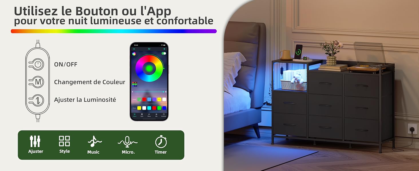Le texte se lit comme suit : « Utilisez le Routeur ou l'App pour activer ou désactiver et commander ». Capture d'écran de l'interface de l'application montrant le contrôle de la lumière LED colorée avec plusieurs icônes. Produit présenté dans le décor de la chambre à coucher sur des meubles sombres.