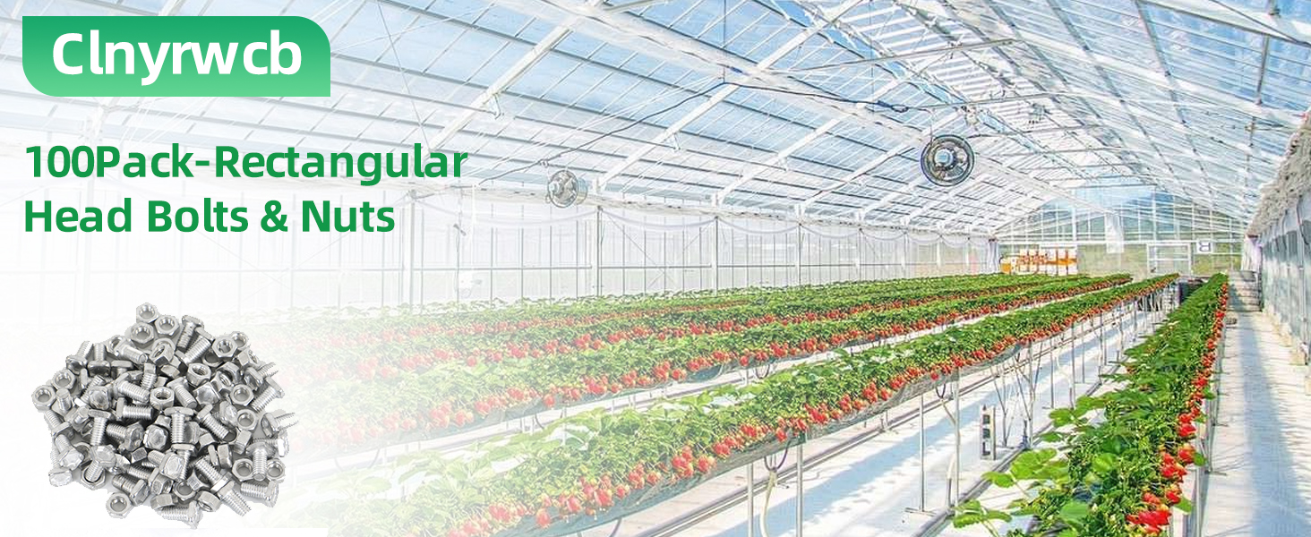 Text reads 'Image 6' and 'Cynynwcd' and 'Head Bolts &amp; Nuts'. Commercial greenhouse or agricultural facility interior with rows of plants and growing equipment.