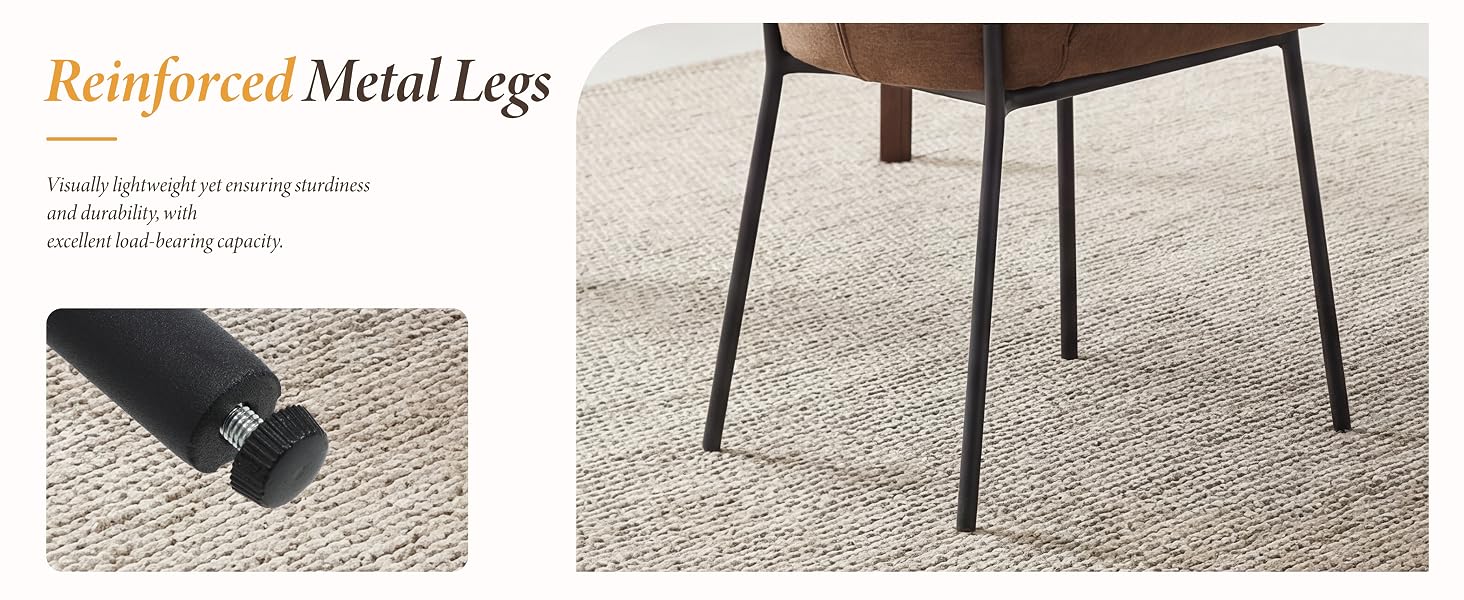Text reads "Reinforced Metal Legs". Image shows table legs with protective black sleeve coverings and close-up detail of reinforced leg construction against light colored flooring.