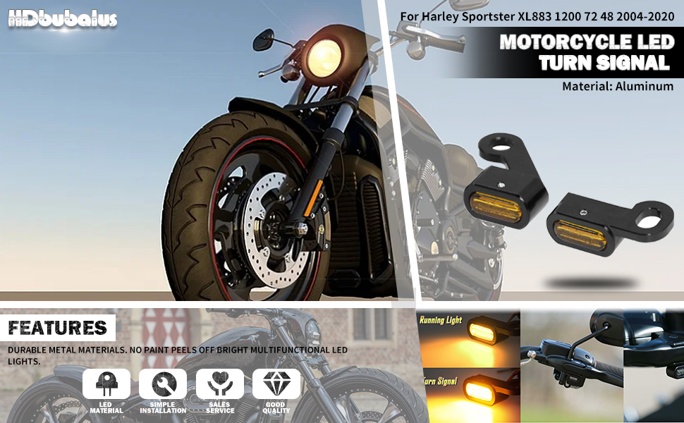 Motorcycle LED turn signal set made of aluminum, showing mounting hardware and amber light demonstration on a motorcycle.
