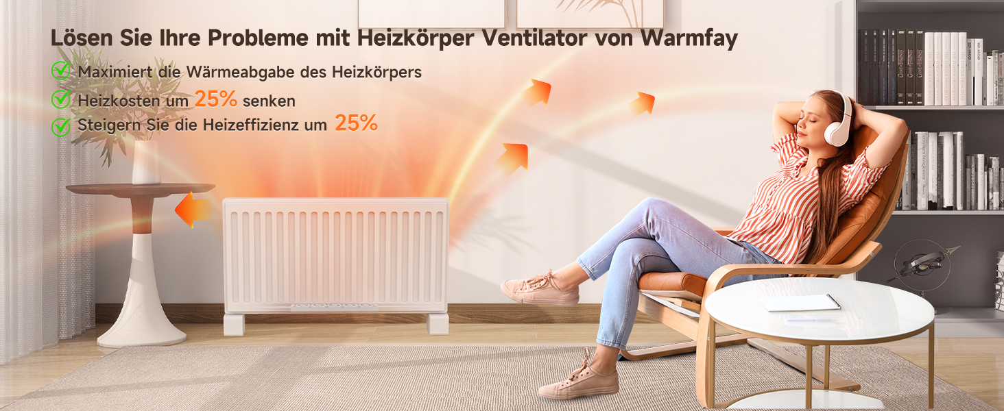 Persona que se encuentra en un salón con sichtbaren Hitzewellen entspannt und die Wirkung eines Heizgeräts demostrastriert.