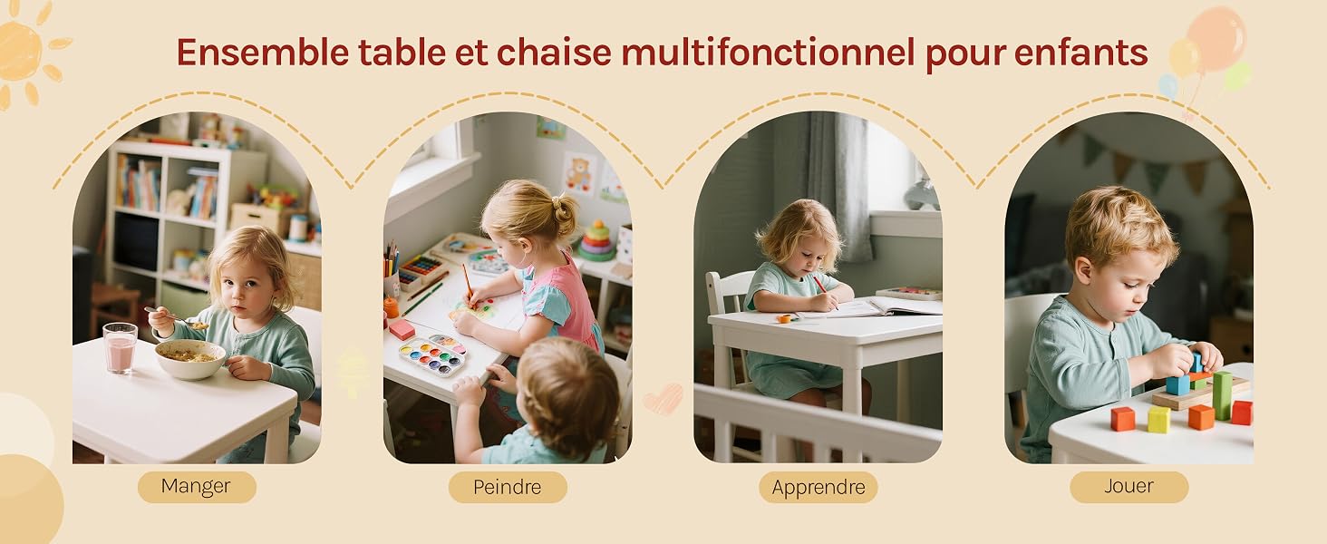 Le texte se lit comme suit : « Ensemble table et chaise multifonctionnel pour enfants ». Séquence de photos montrant des enfants utilisant un meuble convertible dans différentes configurations.
