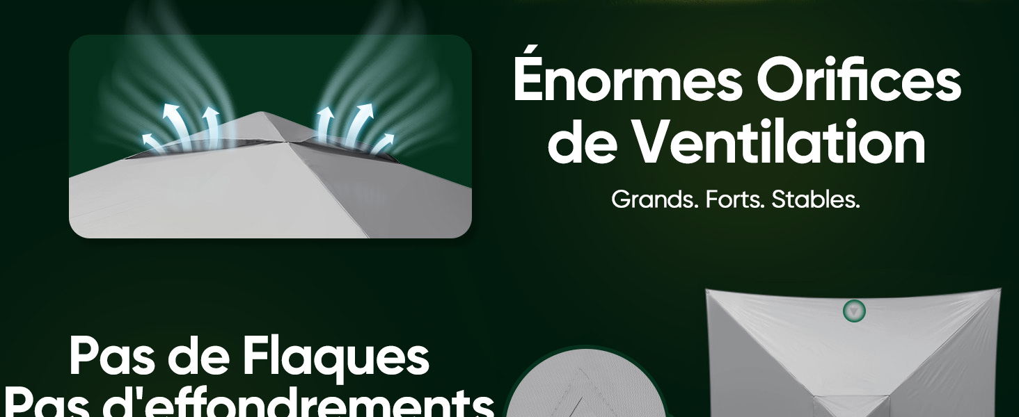 Le texte indique « Enormes Orifices de ventilation » et « Pas de Plaques ». Série d'images illustrant le concept d'un système de ventilation avec de grandes ouvertures et une conception stable.