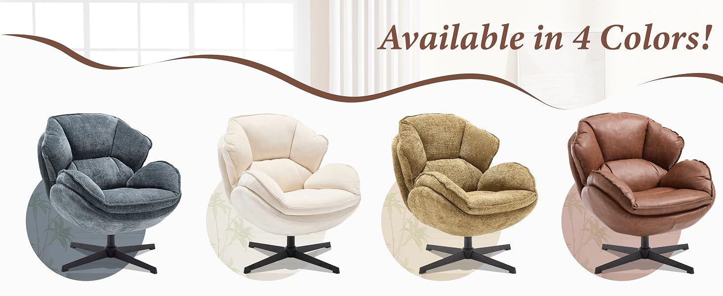 Text reads 'Available in 4 Colors!' Series of modern recliner chairs shown in different colors: gray, cream, tan, and brown, arranged in a row against white background.