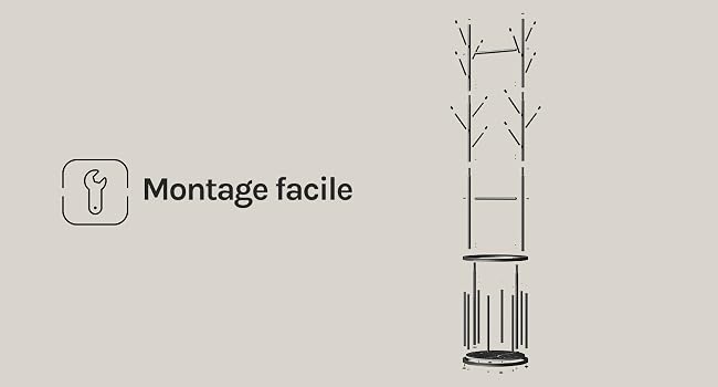 Le texte indique « Montage facile » avec une icône d'assemblage facile. Le schéma montre les étapes d'installation simples pour l'assemblage d'un support vertical ou d'un support de plante avec des points de connexion simples.