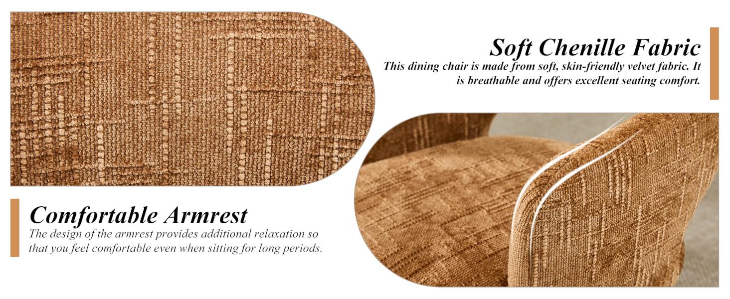 Text reads 'Soft Chenille Fabric' and 'Comfortable Armrest'. Close-up images of textured brown chenille fabric material.