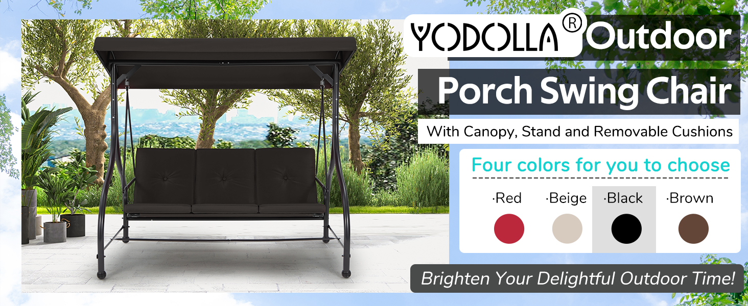 Der Text lautet „YODOLLA Outdoor“, „Porch Swing Chair“, „Mit Baldachin, Ständer und abnehmbaren Kissen“.
[SENTENCE 11] Zeigt Gartenmöbel mit den Farbauswahloptionen Rot, Beige, Schwarz, Braun.
