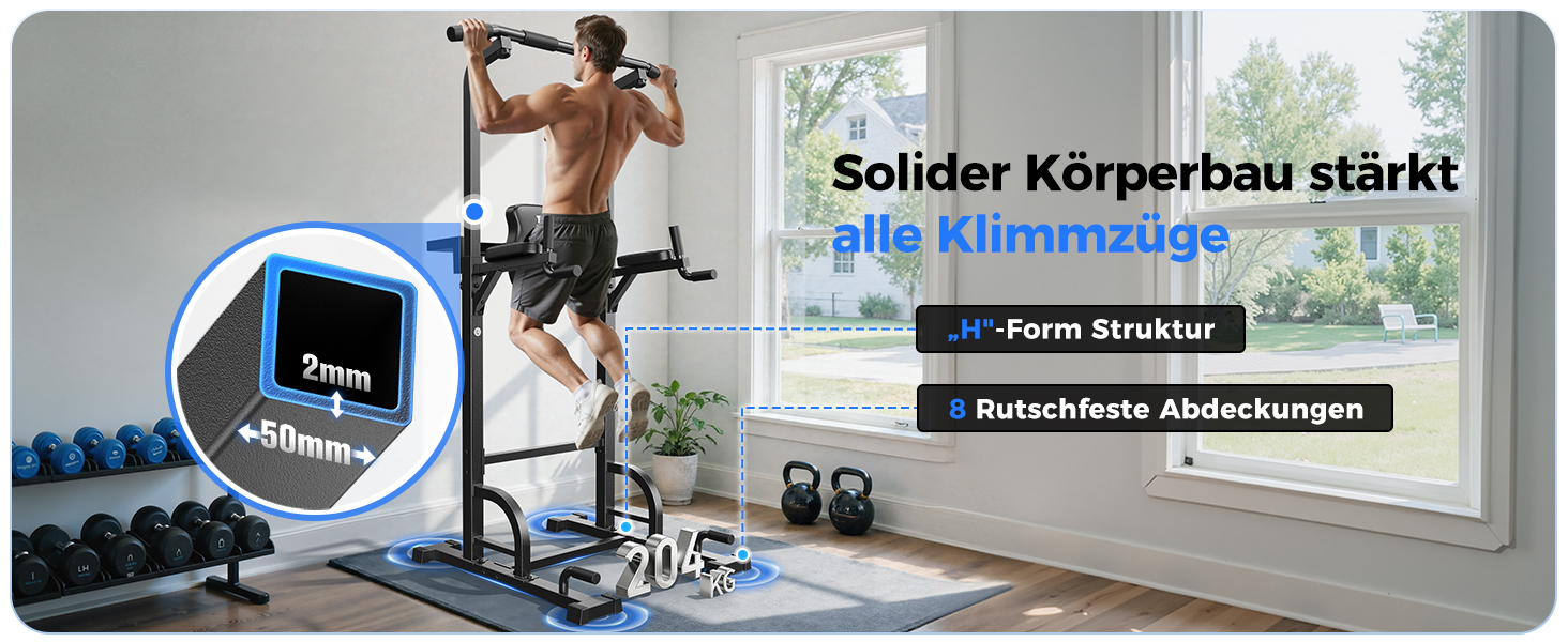 Der Text lautet „Solider Körperbau stark“. Werbung für Fitnessgeräte, die einen Trainingsbereich mit Hanteln, Trainingsgeräten und heller Fensterbeleuchtung zeigt.