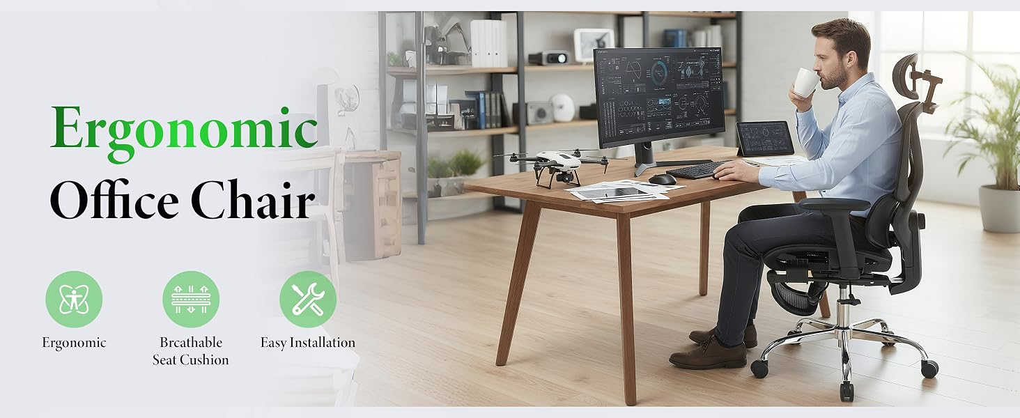 Text reads 'Ergonomic Office Chair'. Multiple panels showing office chair features and someone working at desk, with ergonomic design highlights.