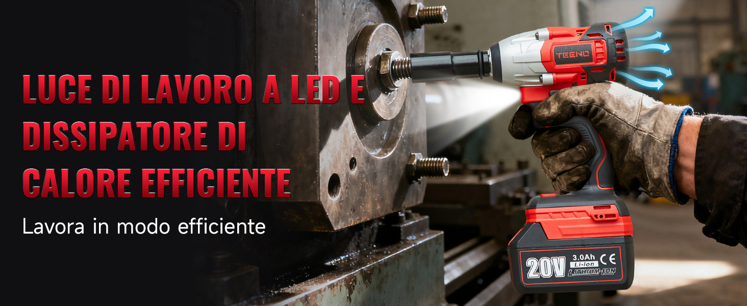 Il testo recita «LUCE IN RAPIDO RISPARMIO DI ENERGIA EFFICIENTE». Spazio interno per uffici con apparecchi di illuminazione fluorescenti visibili sul soffitto.