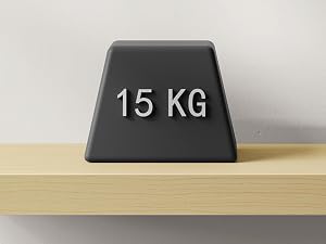 Il testo dice «15 KG». Viste multiple di un dispositivo rettangolare nero mostrato su una superficie di legno chiaro da diverse angolazioni.
