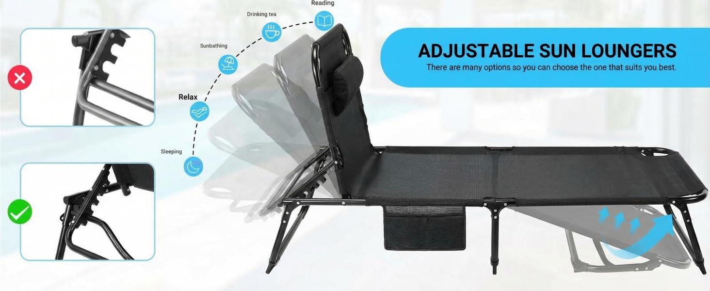 Text reads 'ADJUSTABLE SUN LOUNGERS'. Technical diagram showing multiple adjustment positions of a reclining chair mechanism with labeled parts and configuration options.