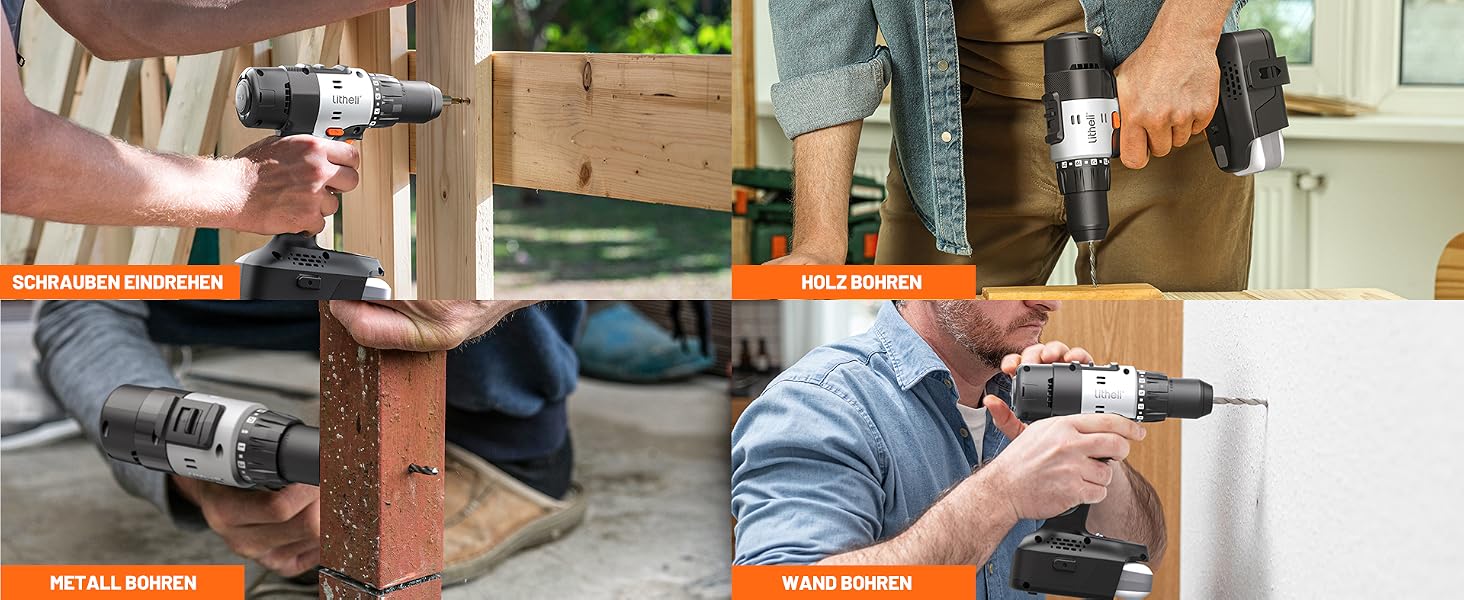 Collage aus vier Bildern, die eine Akku-Bohrmaschine im Einsatz zeigen. Die Bohrmaschine wurde beim Bohren in Holz-, Metall- und Kunststoffmaterialien gezeigt, was ihre Vielseitigkeit bei verschiedenen Bau- und Heimwerkeraufgaben unter Beweis stellt